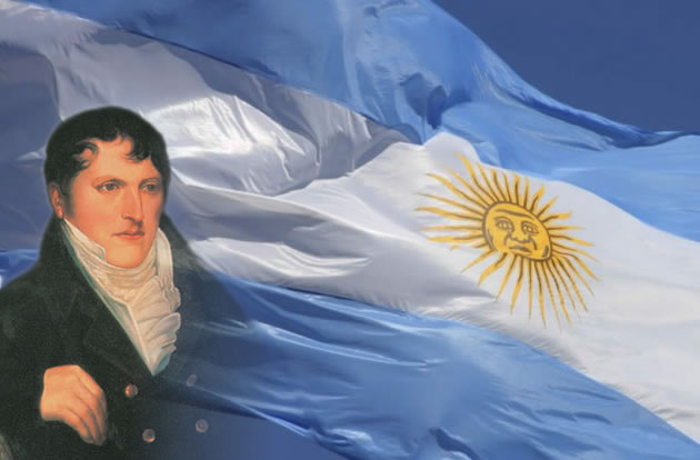 Manuel Belgrano con bandera de fondo